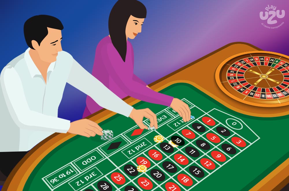 Two players placing their bets on a roulette table