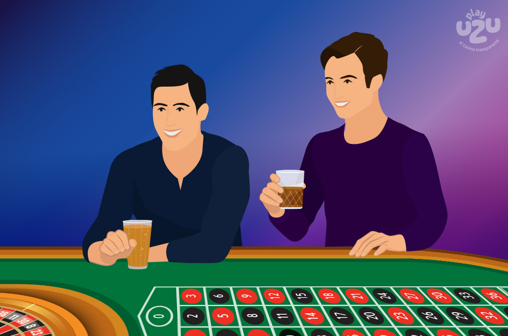 Two men holding alcohol beside roulette table