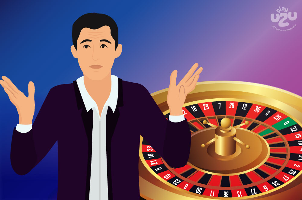 A man who is explaining with a roulette behind him