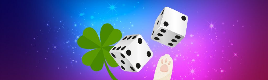 CREATIVITY WITH SOME LUCK ICONS: A 4 LEAF CLOVER, RABBIT PAW, AND 2 DICE