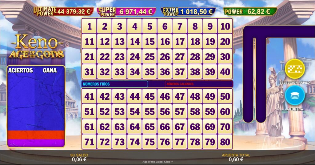 Keno online de Age of Gods. 