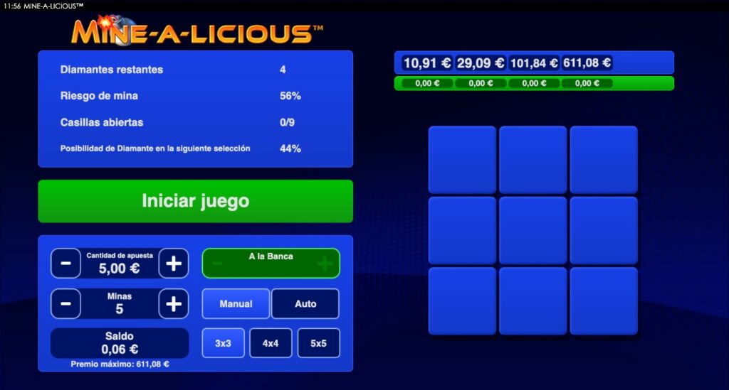 Mines game con parrilla de 9 casillas en Mine-a-licious